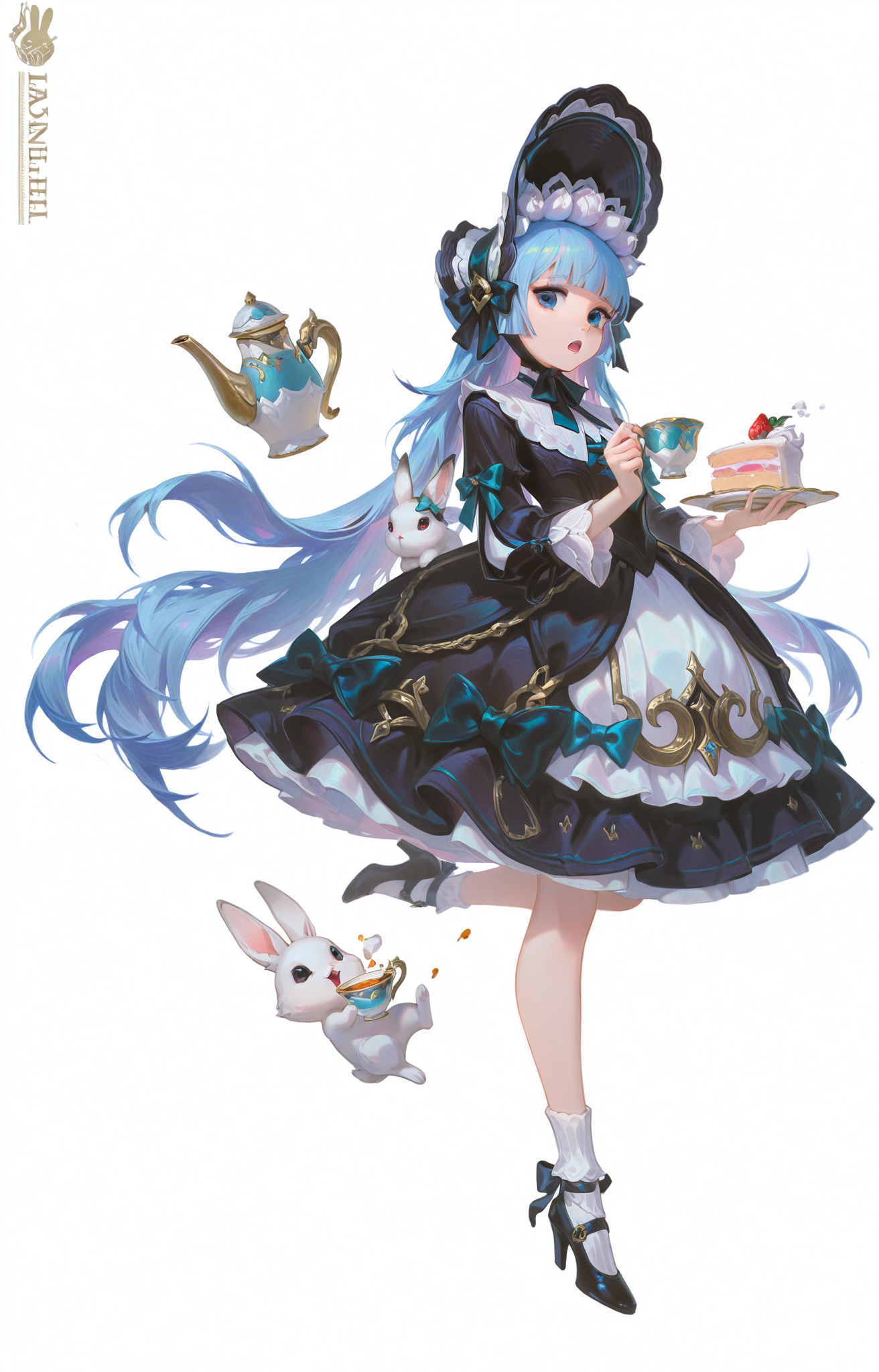 梦幻茶会中的蓝发少女与白兔