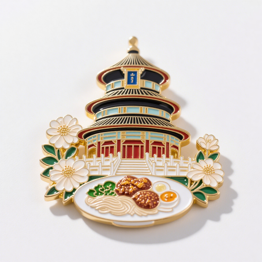 中国传统建筑与美食元素的精美徽章