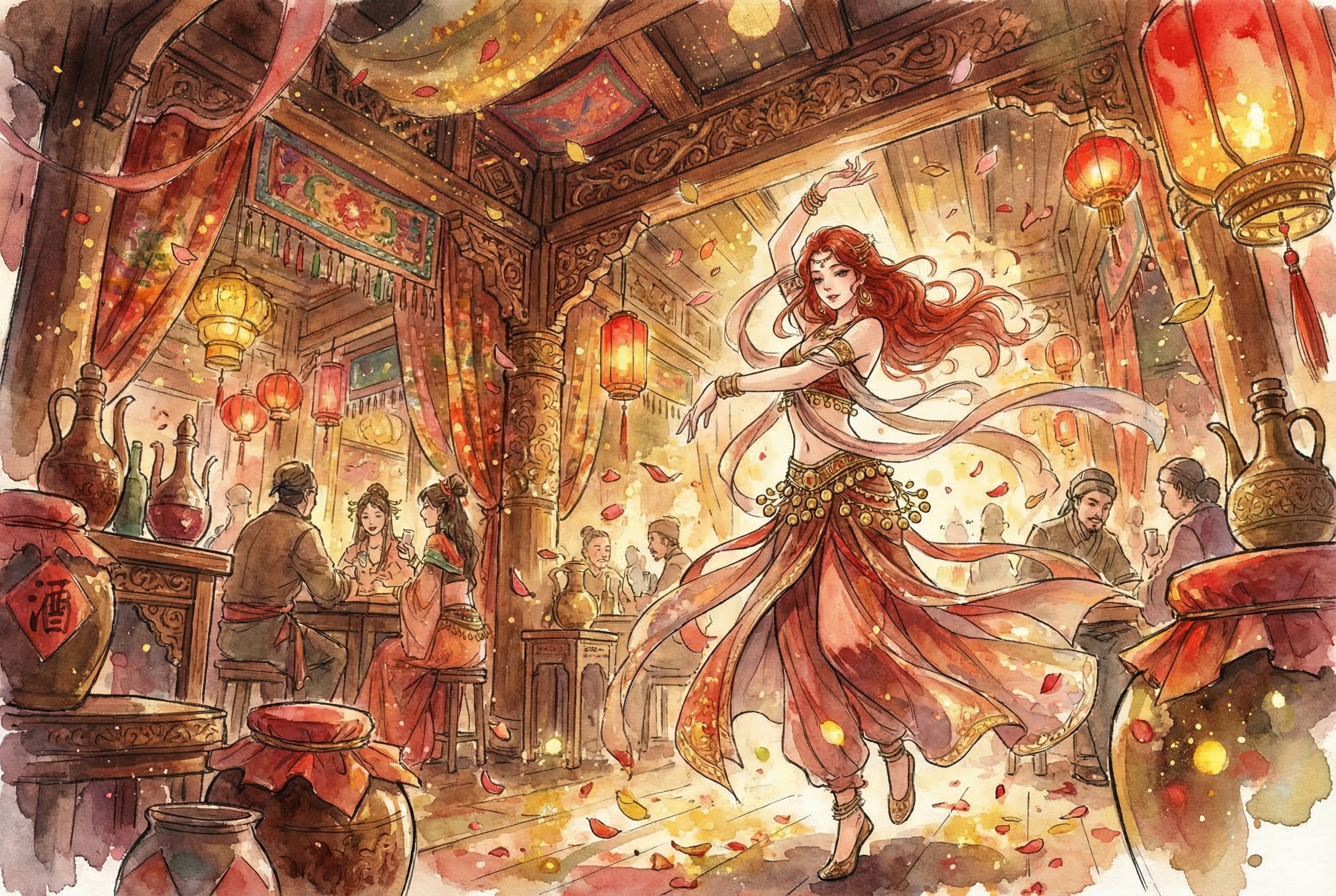 古风水彩广角意境诗意插画