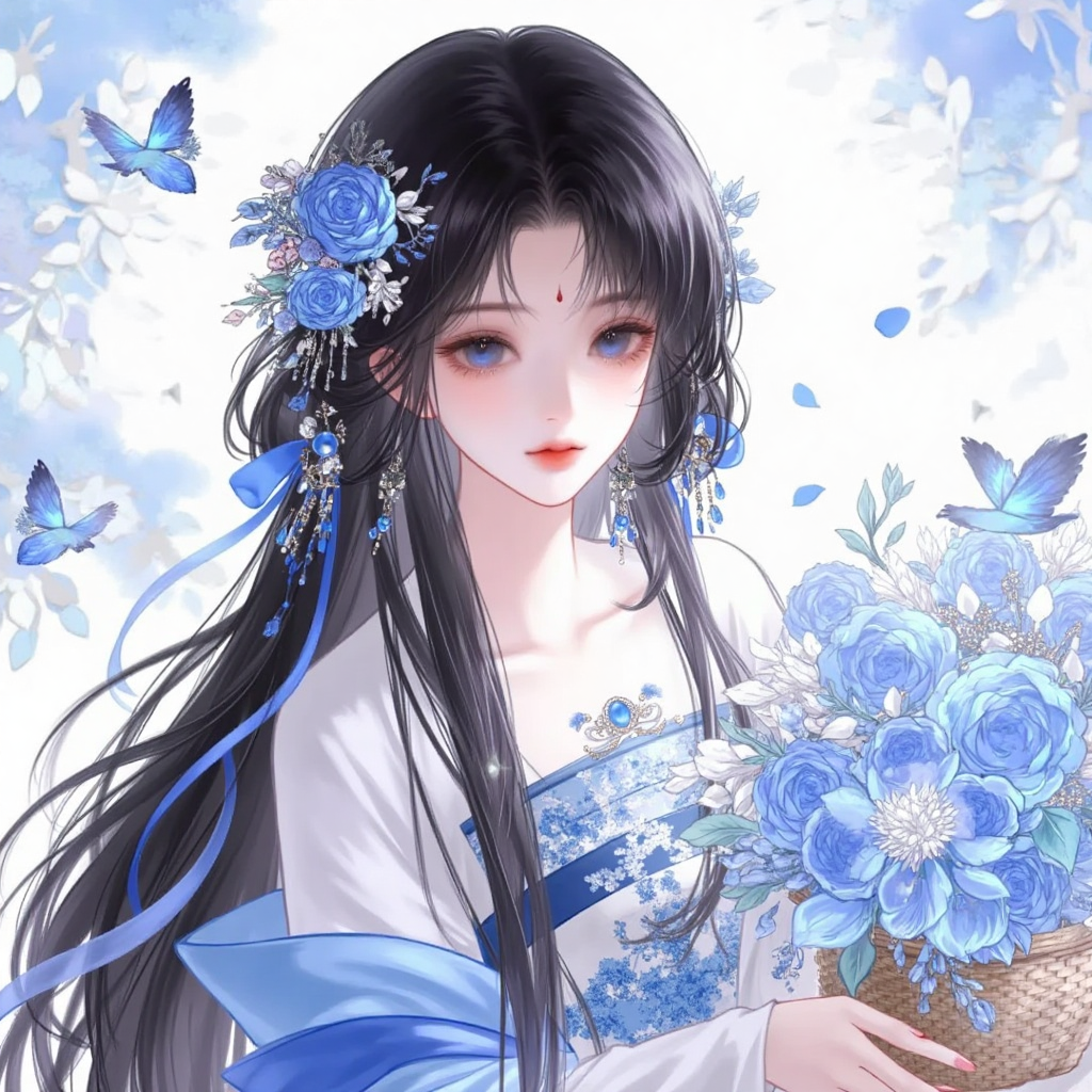蓝色花饰和蝴蝶环绕的古风少女插画