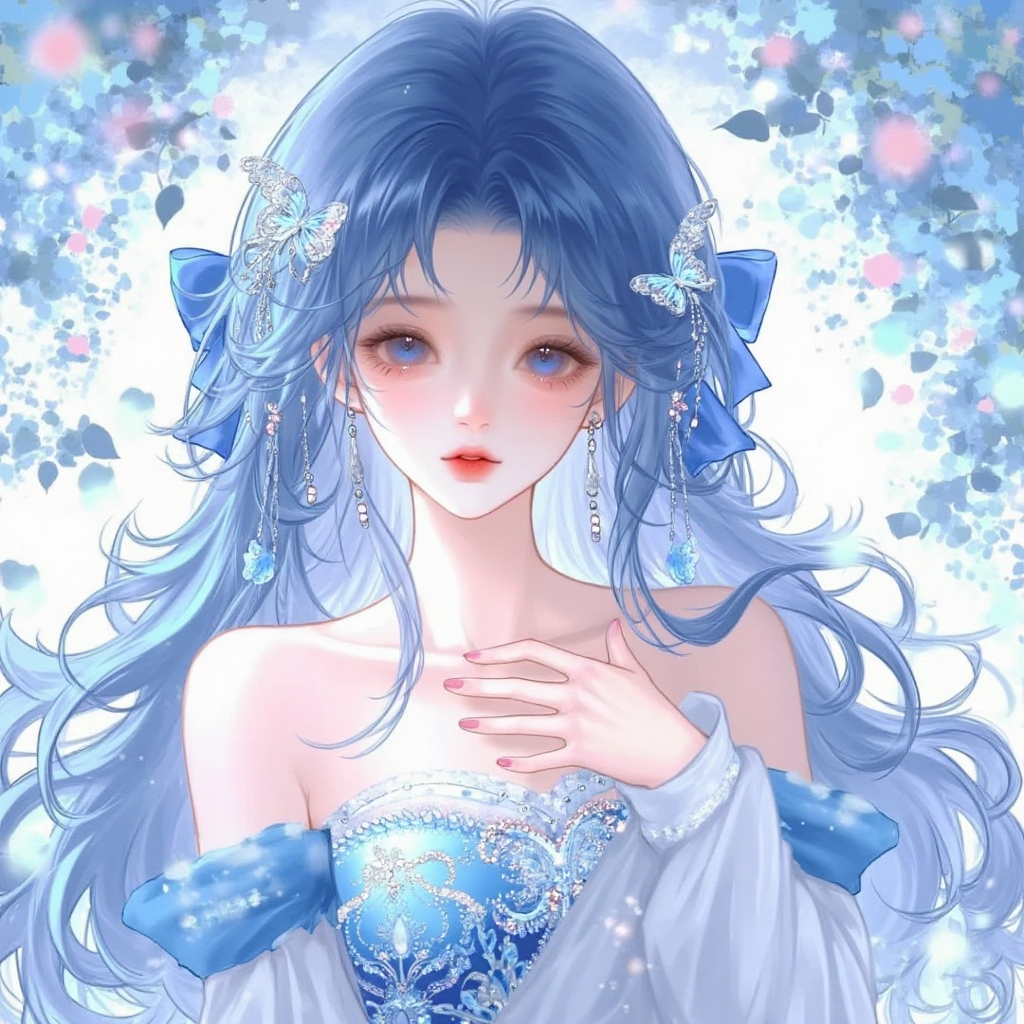 蓝发蝶饰少女的梦幻插画