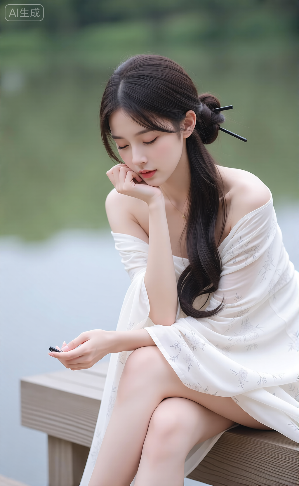 湖畔木栈道上的白裙女子