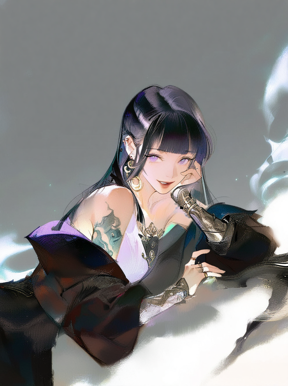 紫发纹身少女的梦幻赛博风插画