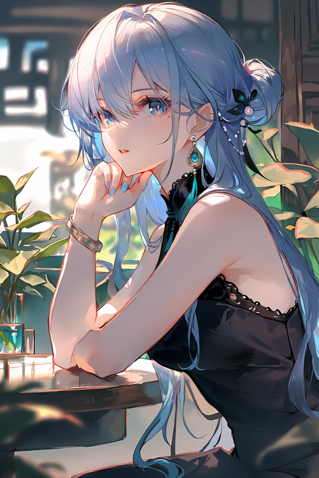 窗边静坐的蓝发少女