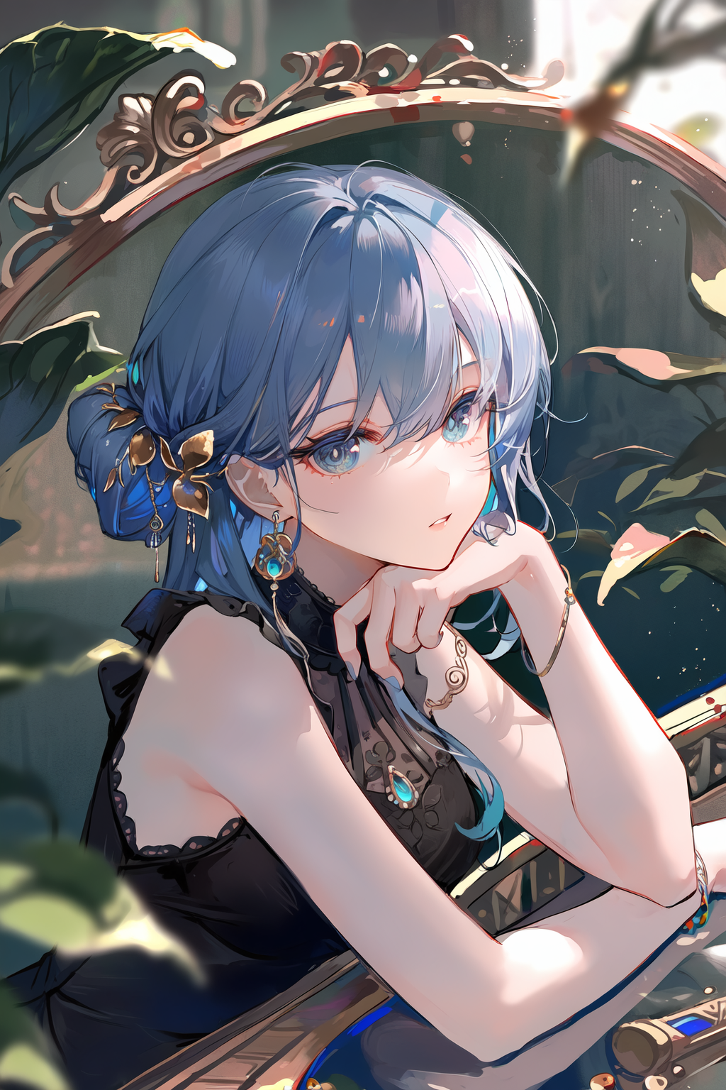 窗边静坐的蓝发少女
