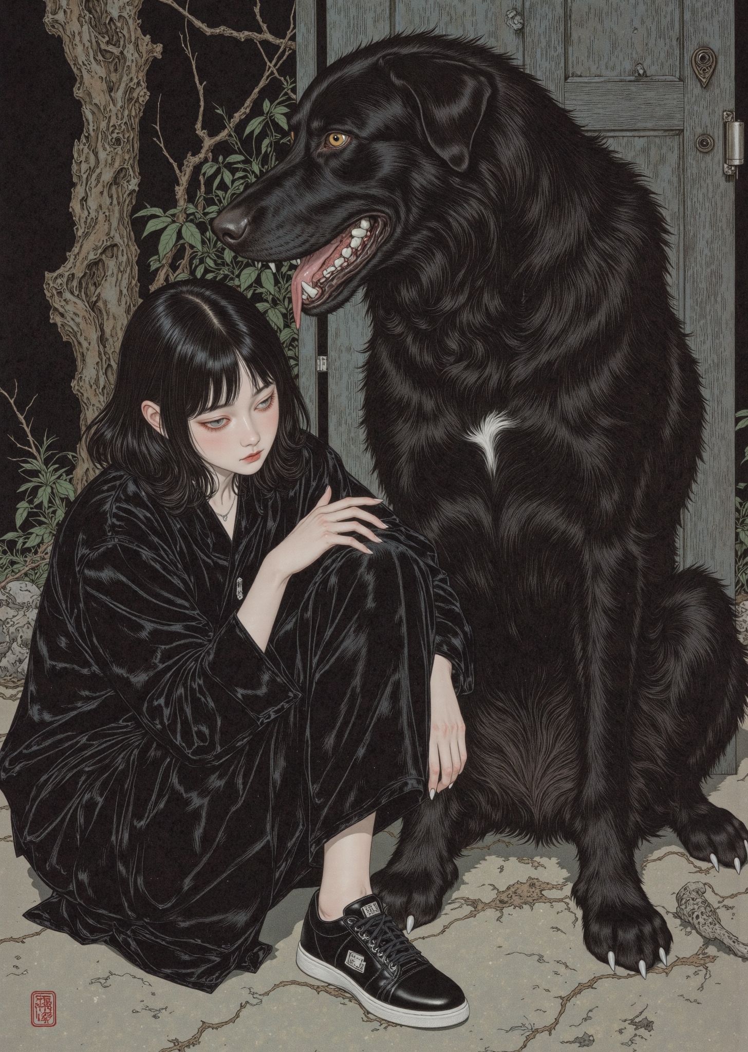 黑犬守望下的冷峻少女插画