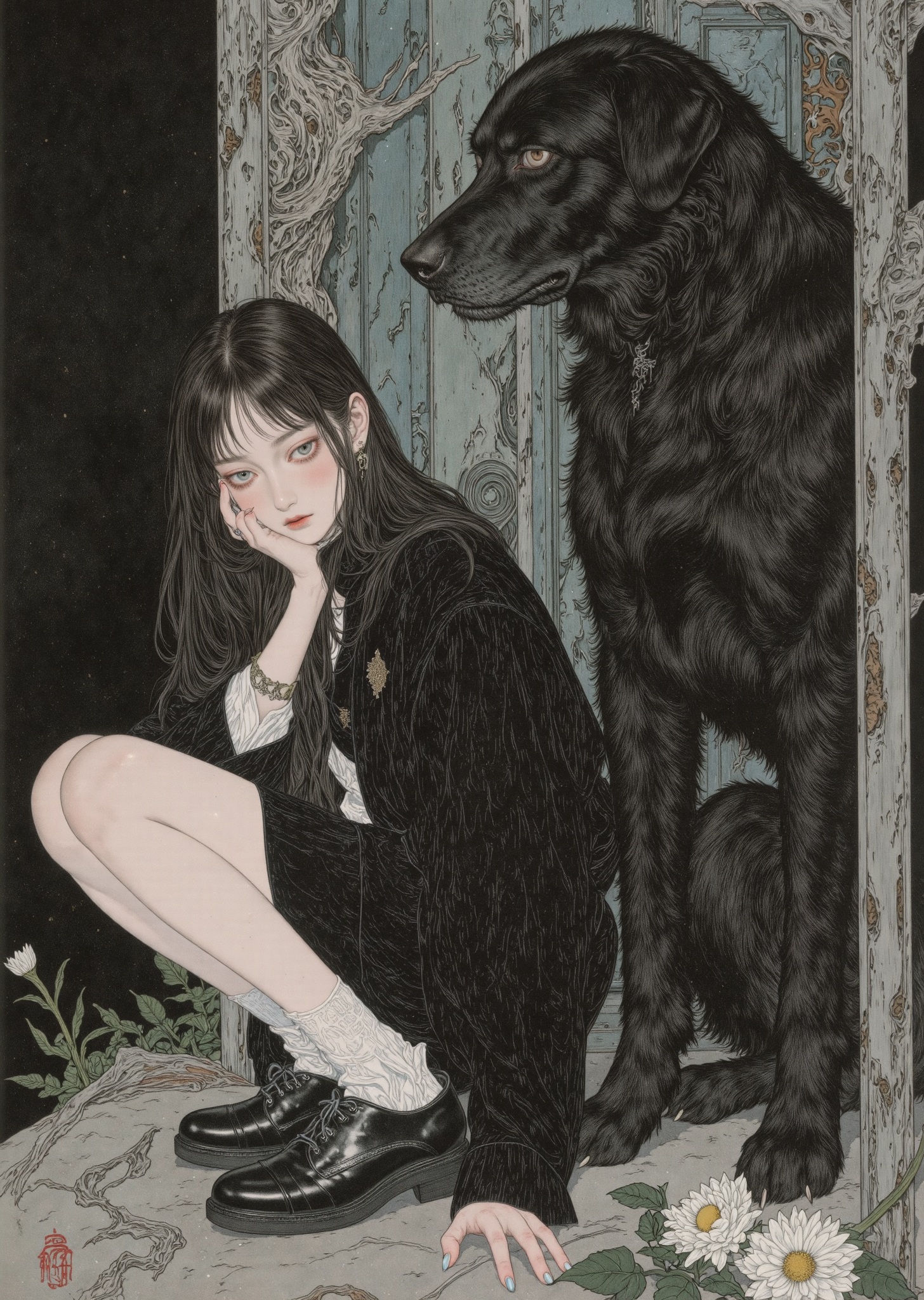 黑犬守望下的冷峻少女插画