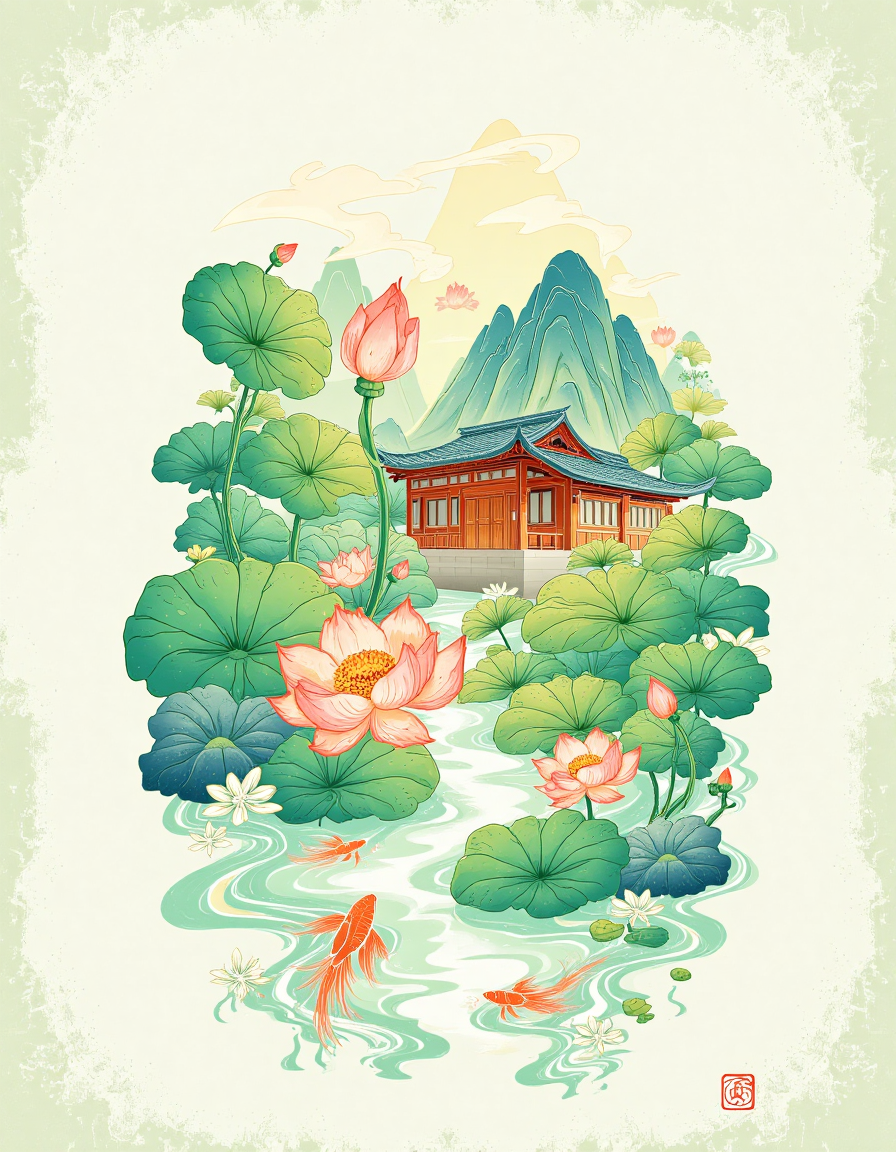 荷塘山水与亭阁的国风插画