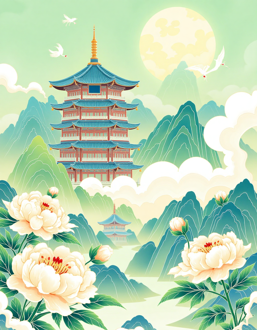 国风山水中的仙境宝塔与牡丹花