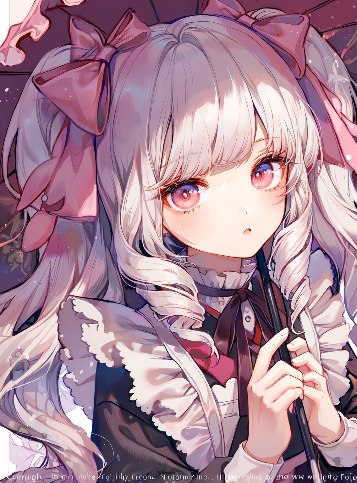 双蝴蝶结白发少女的梦幻插画