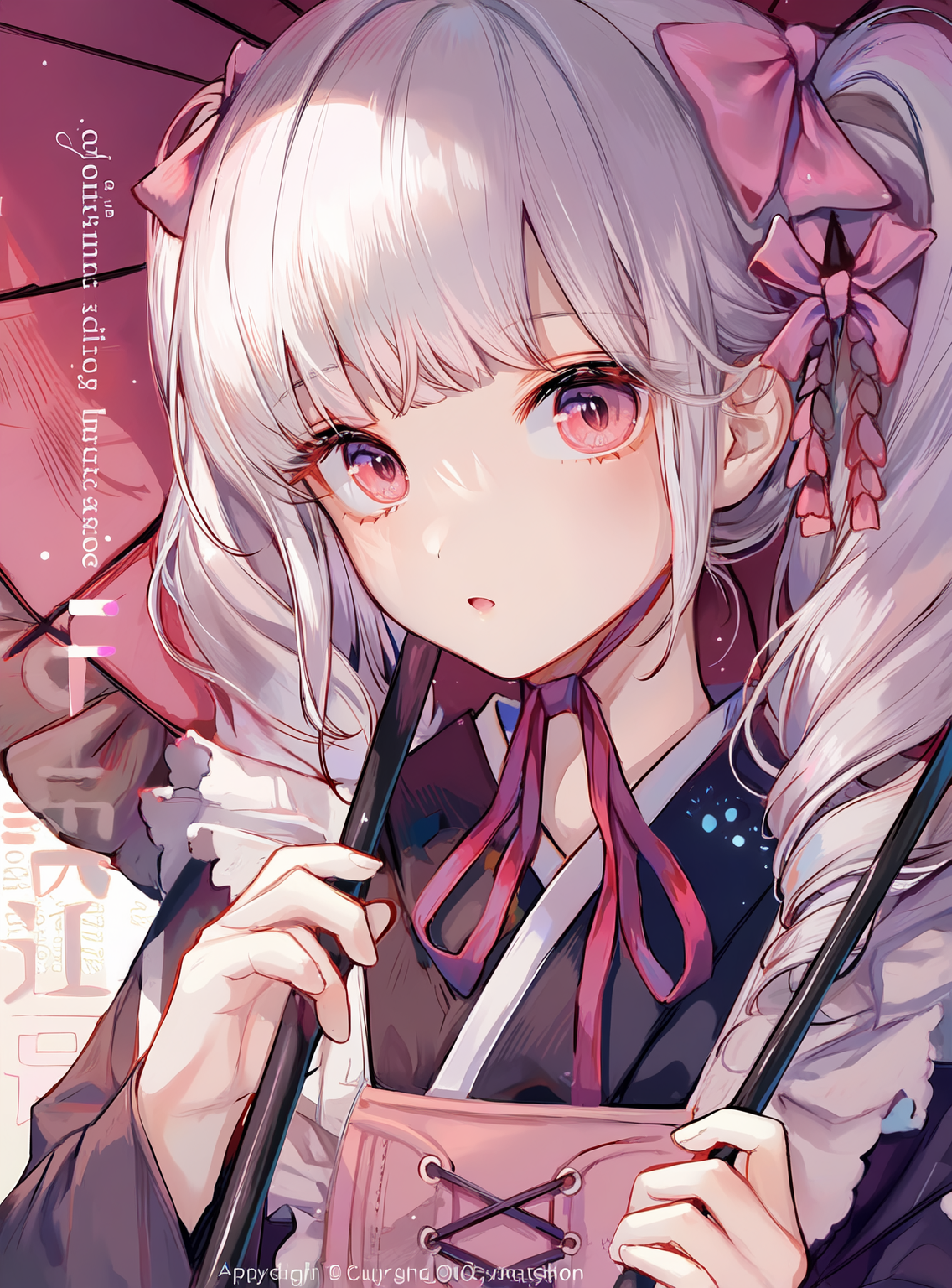 双蝴蝶结白发少女的梦幻插画