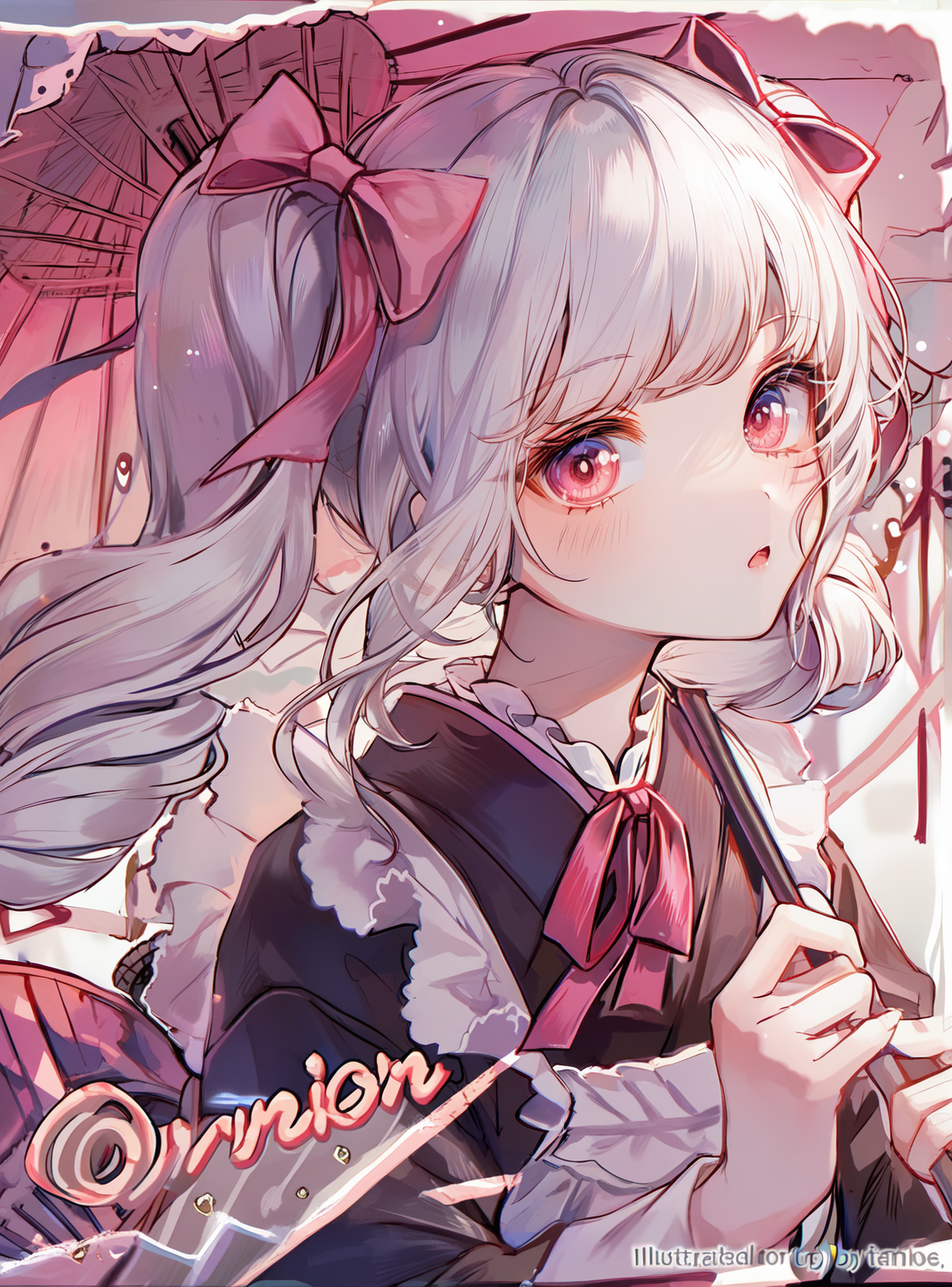 双蝴蝶结白发少女的梦幻插画