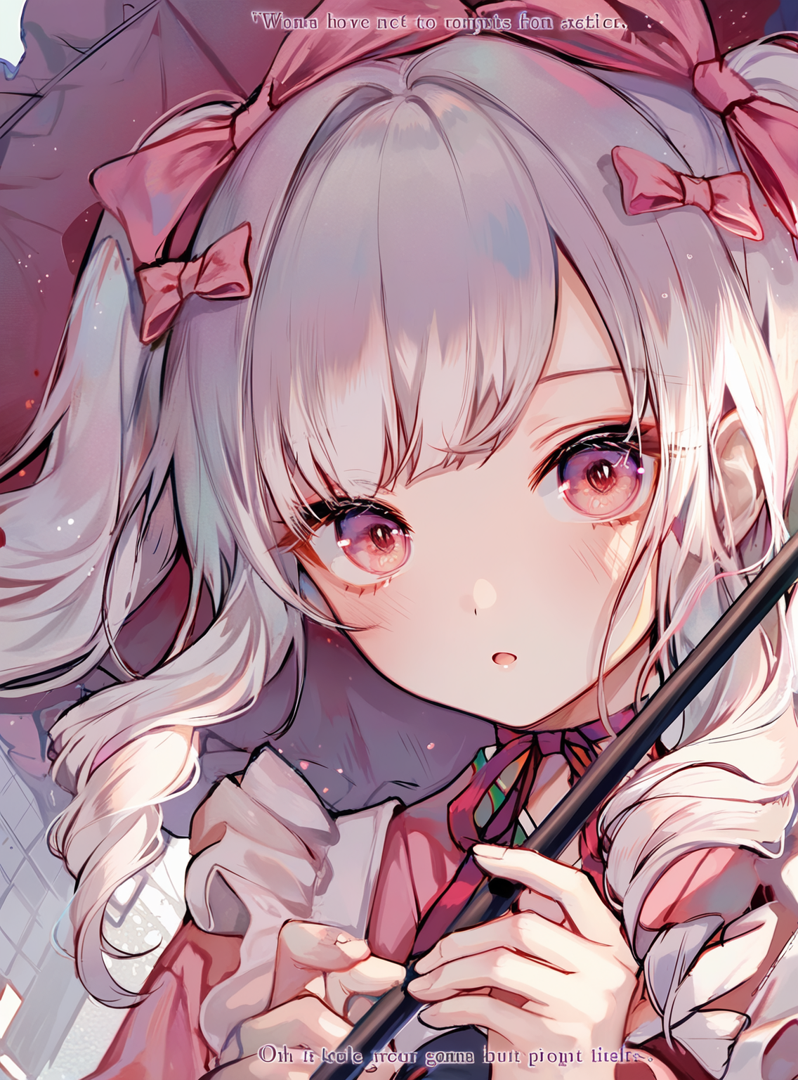 双蝴蝶结白发少女的梦幻插画