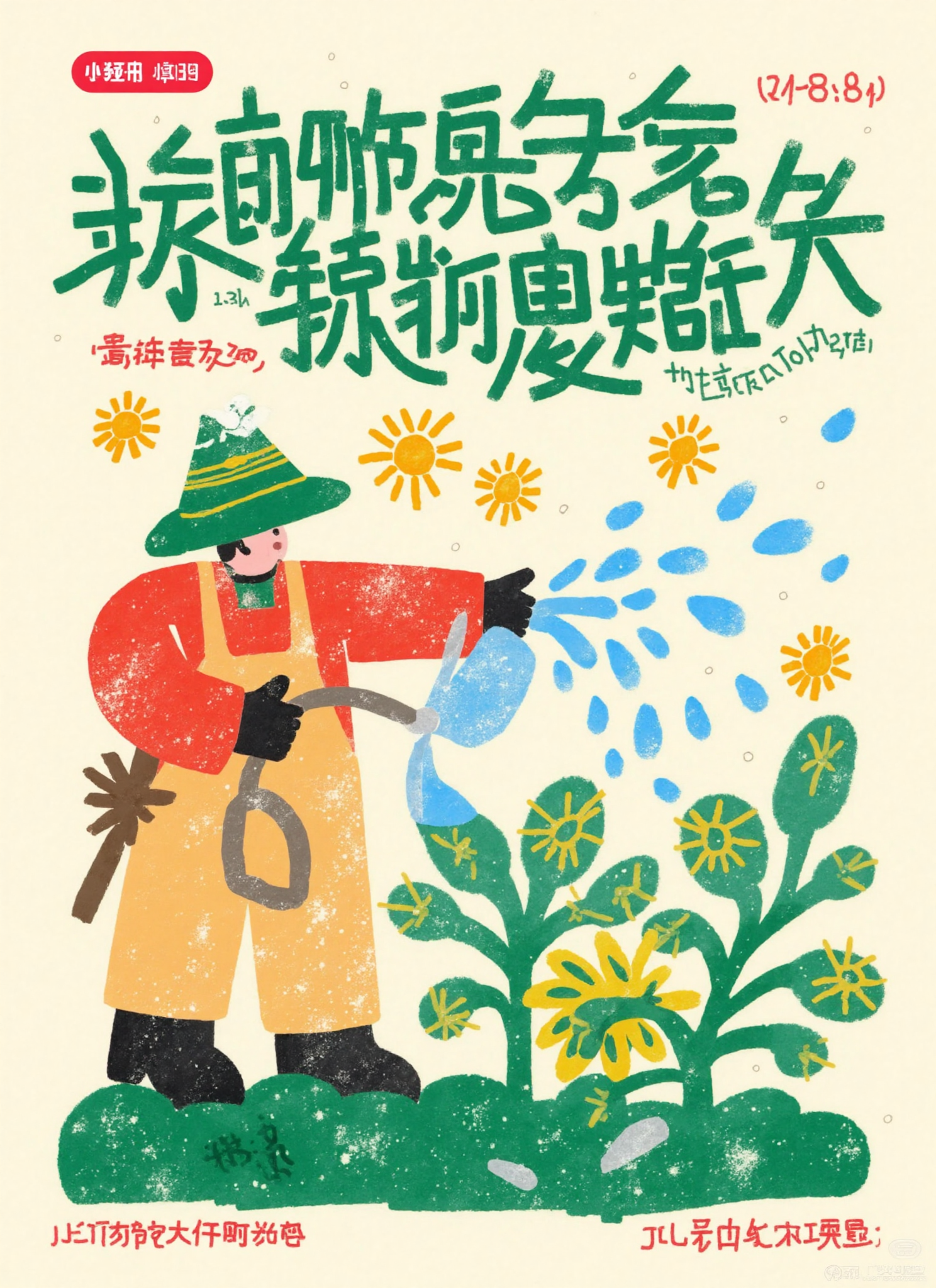 小朋友浇花的温暖插画海报