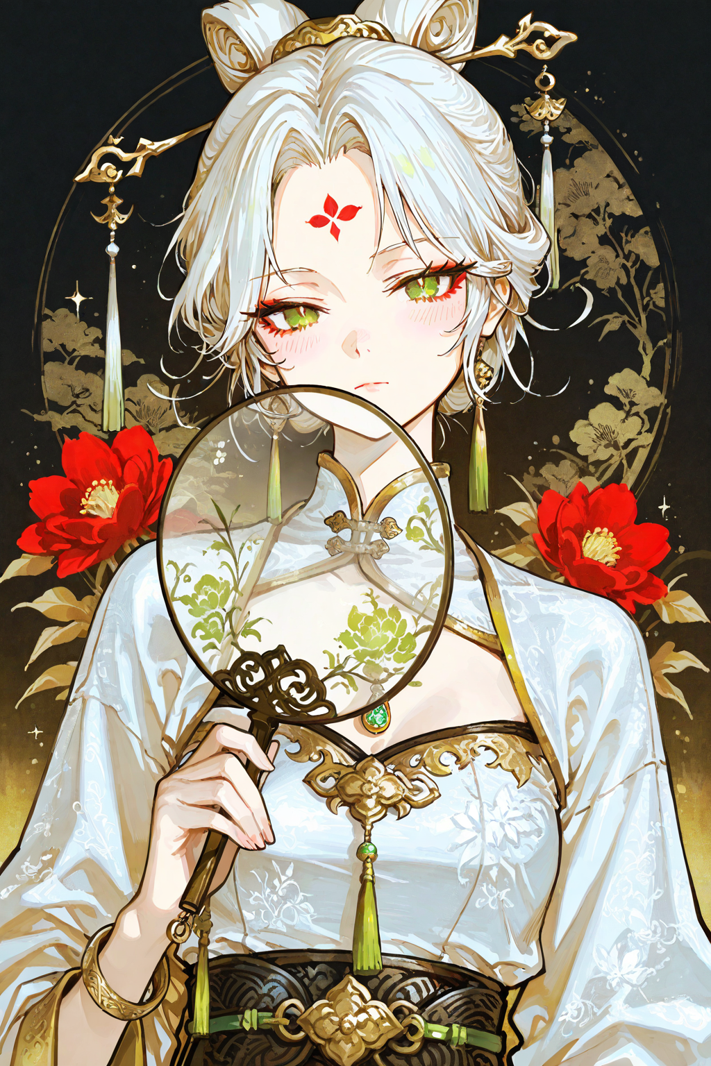 华丽古风金白配色的神秘女性角色插画