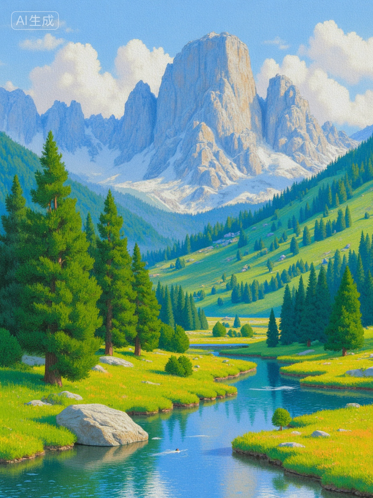 梦幻山谷湖景插画