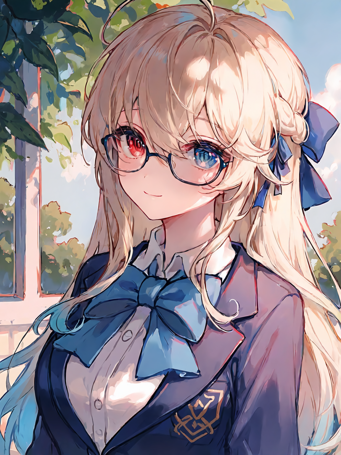 春日树影下的蓝蝴蝶结少女插画