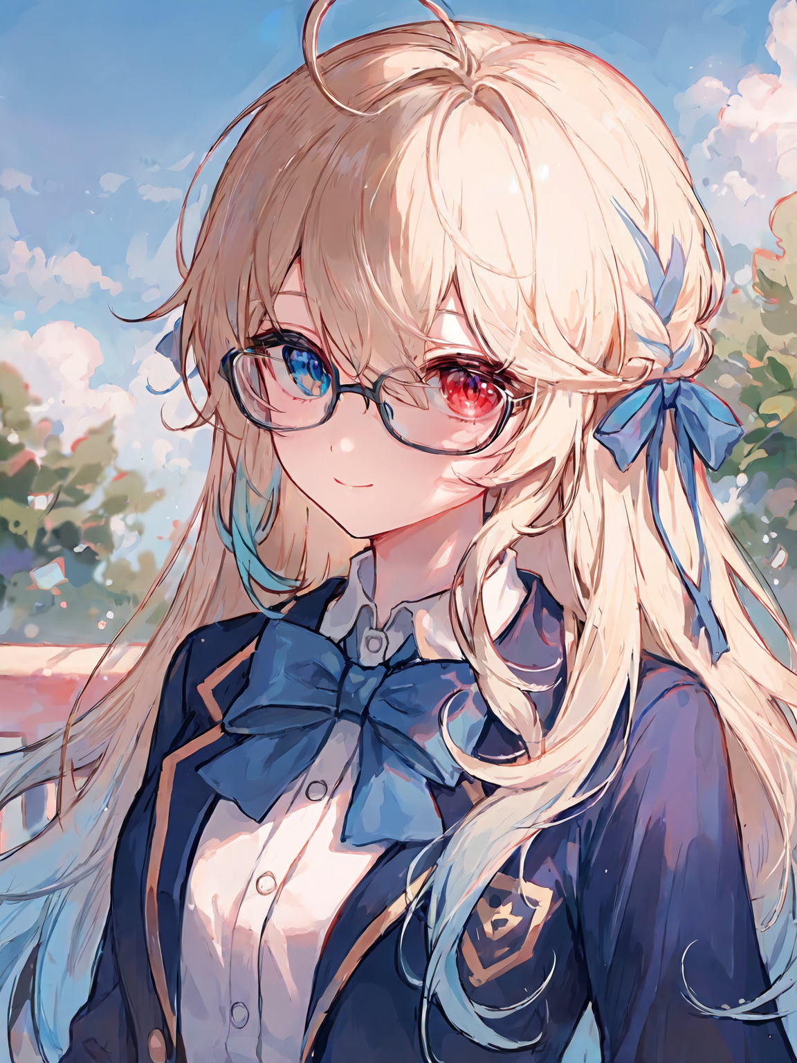 春日树影下的蓝蝴蝶结少女插画