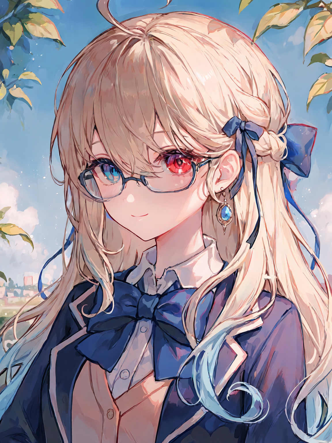 春日树影下的蓝蝴蝶结少女插画