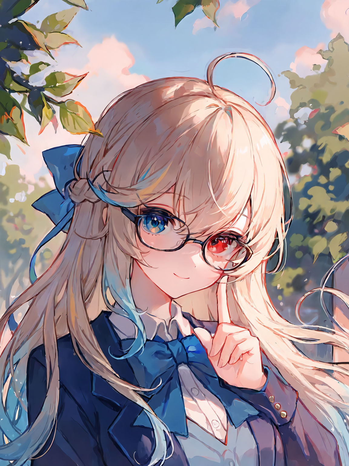 春日树影下的蓝蝴蝶结少女插画