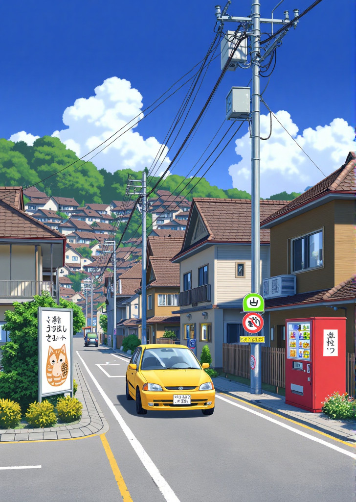 日本乡间住宅街道与晴朗蓝天的宁静夏日风景