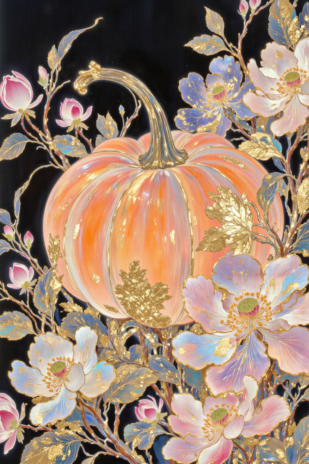 梦幻金箔花卉环绕的南瓜插画