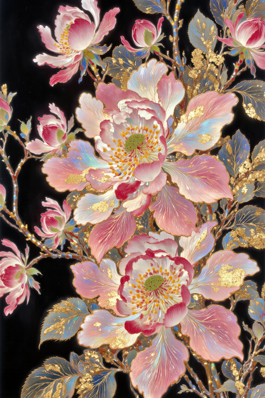 金粉点缀的梦幻花卉插画