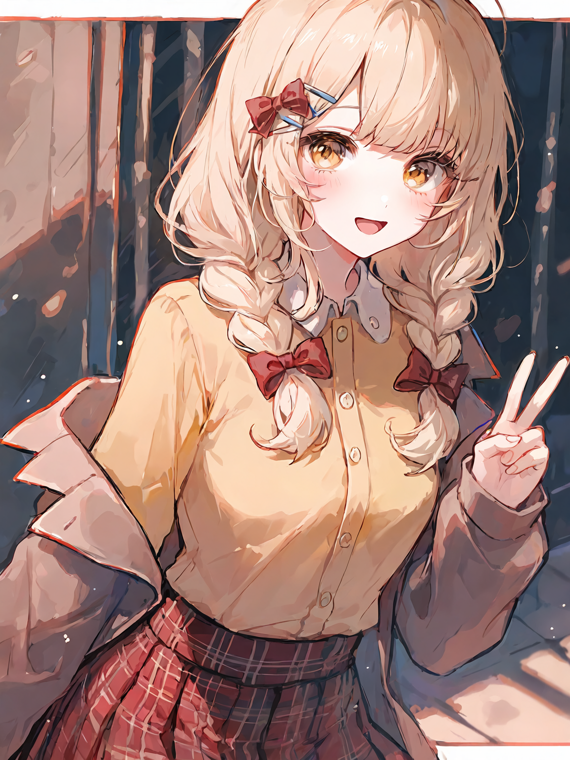 秋日氛围中的二次元少女双手比耶