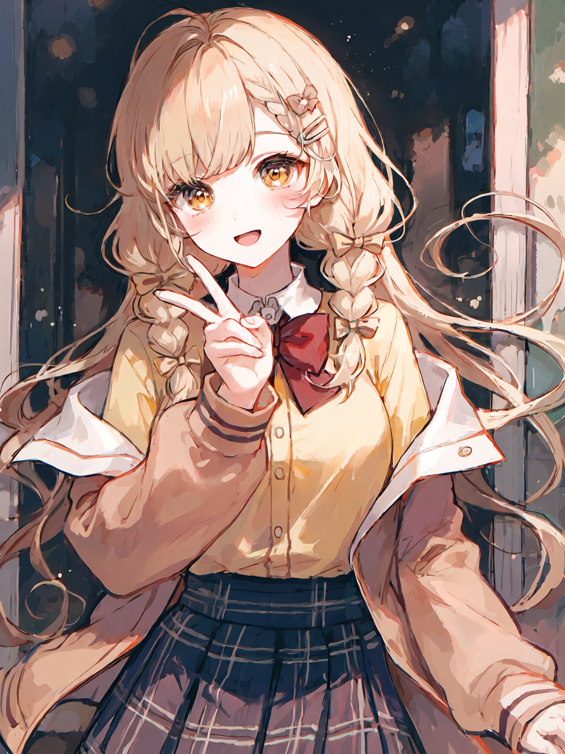 秋日氛围中的二次元少女双手比耶