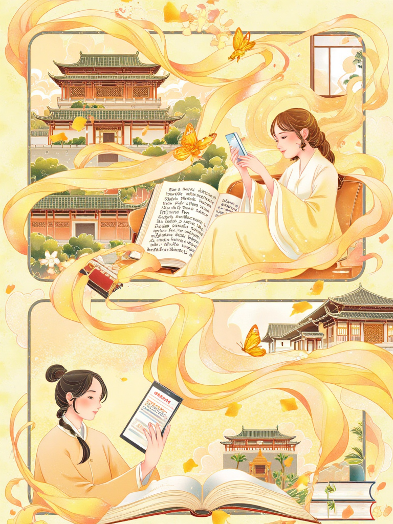 金色古风书卷与宫阙意境插画
