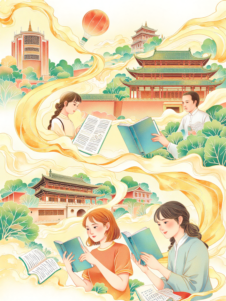 古韵校园与书香阅读主题插画