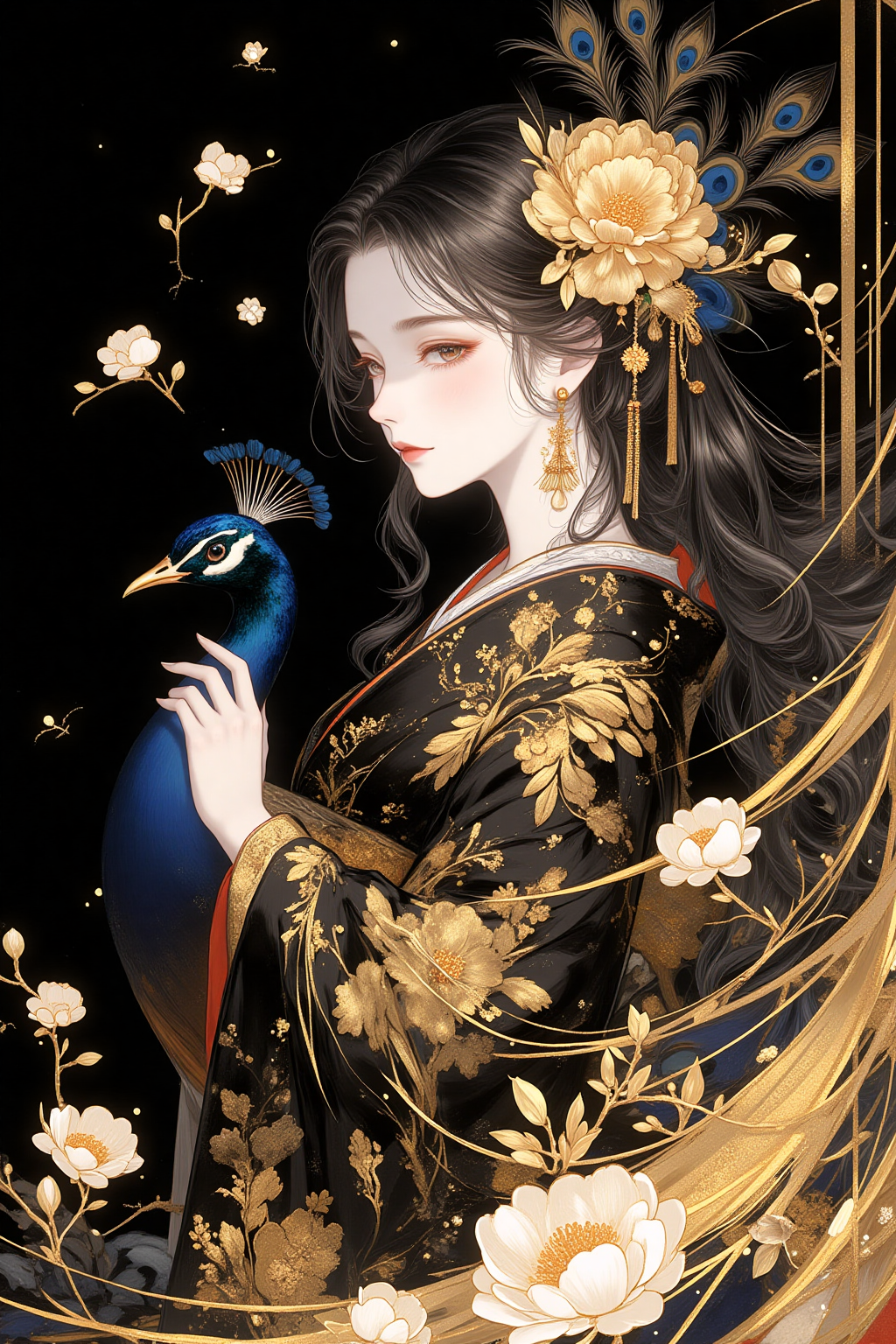 金羽花梦中的古典女子与孔雀
