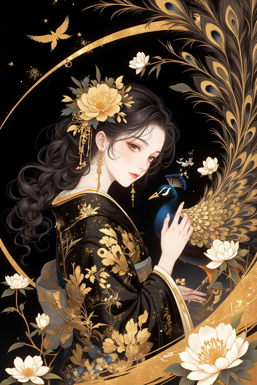 金羽花梦中的古典女子与孔雀