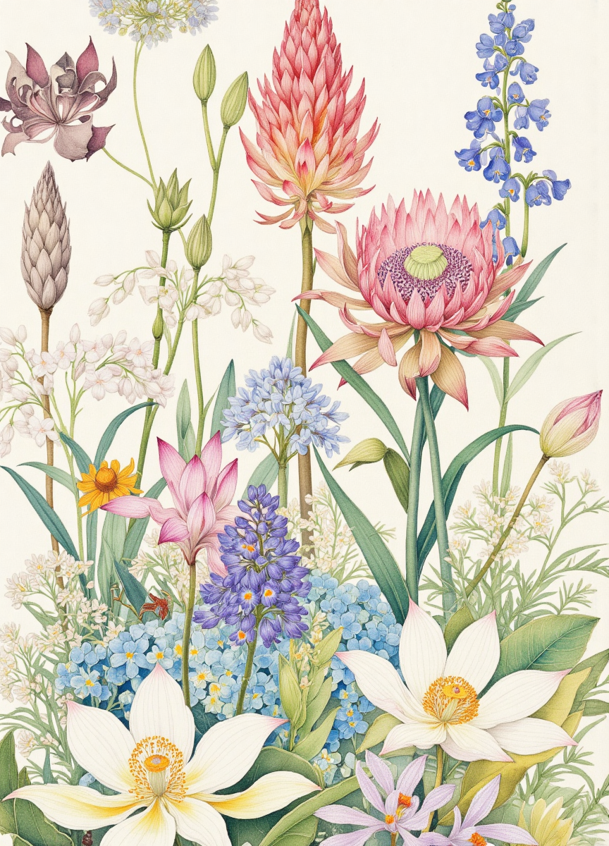 梦幻植物园的手绘花卉插画
