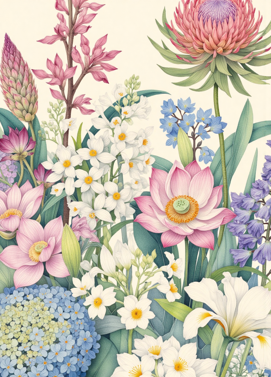梦幻春日花卉插画