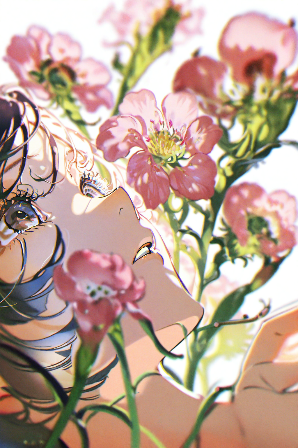 花海中的梦幻少女侧脸插画