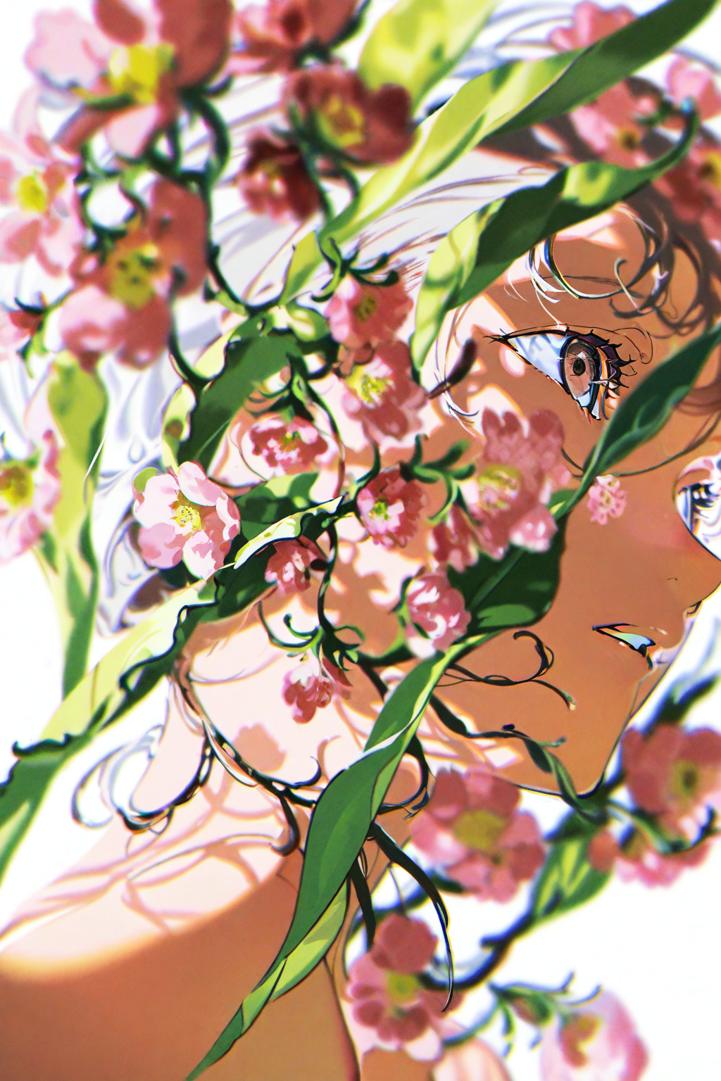 花海中的梦幻少女侧脸插画
