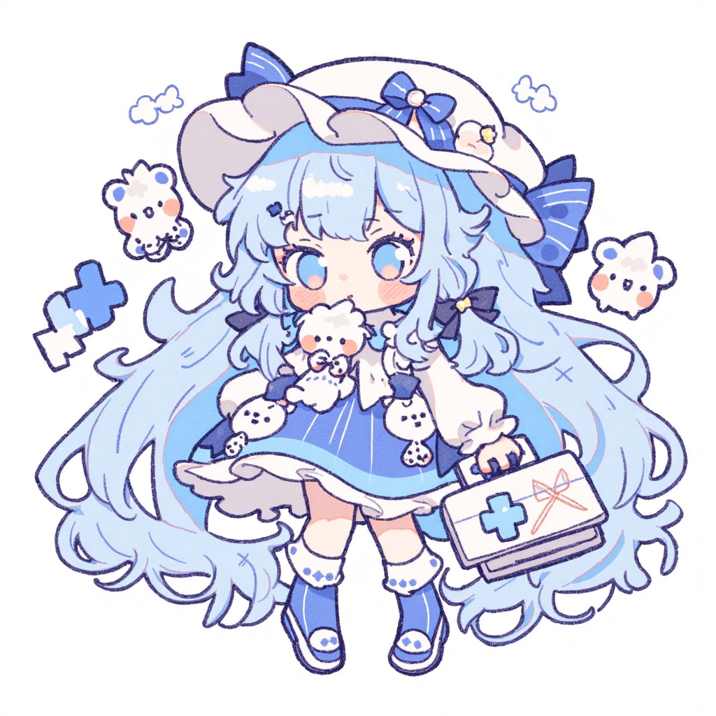 蓝发可爱小女孩的治愈系Q版插画