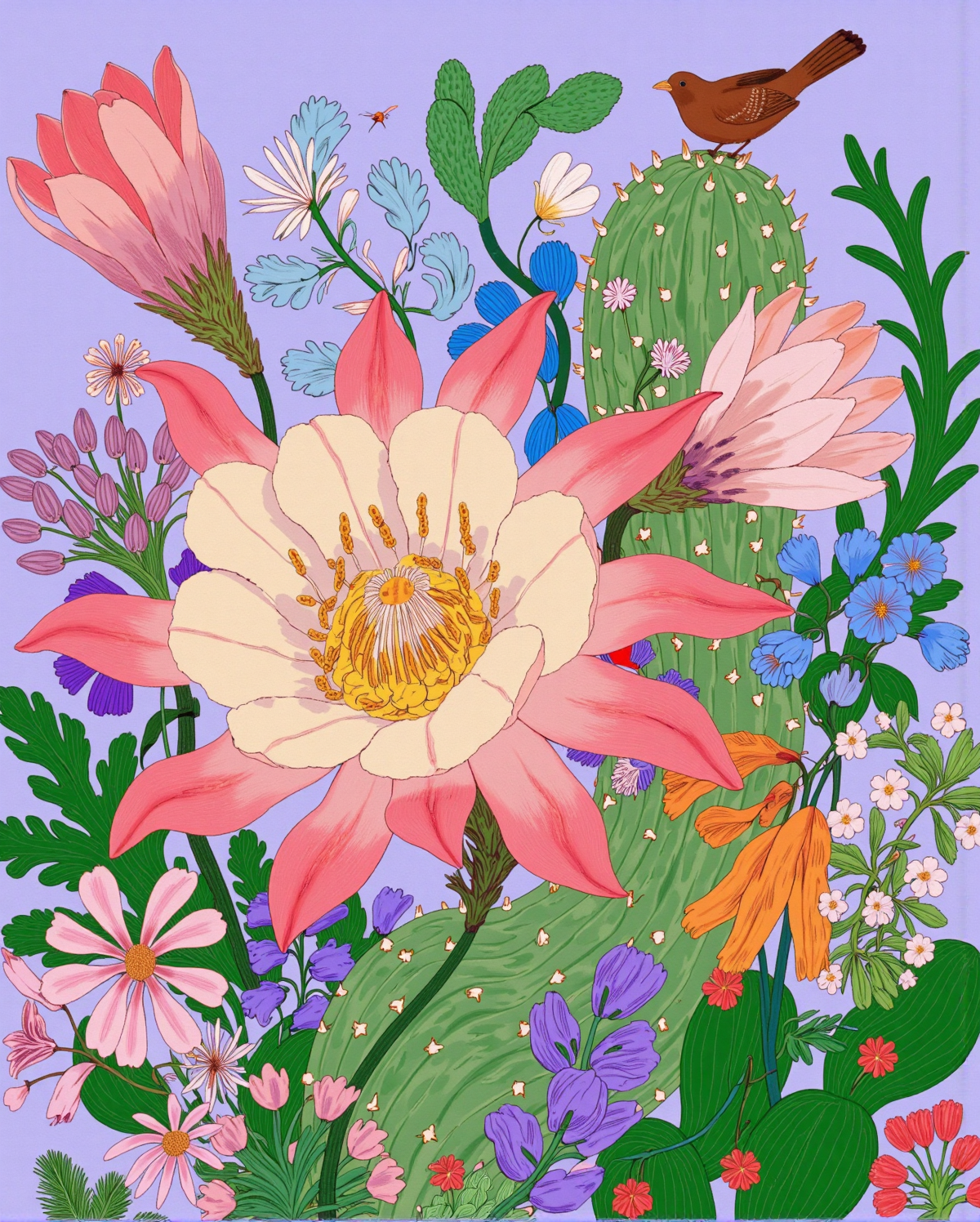 梦幻仙人掌与花鸟花园插画