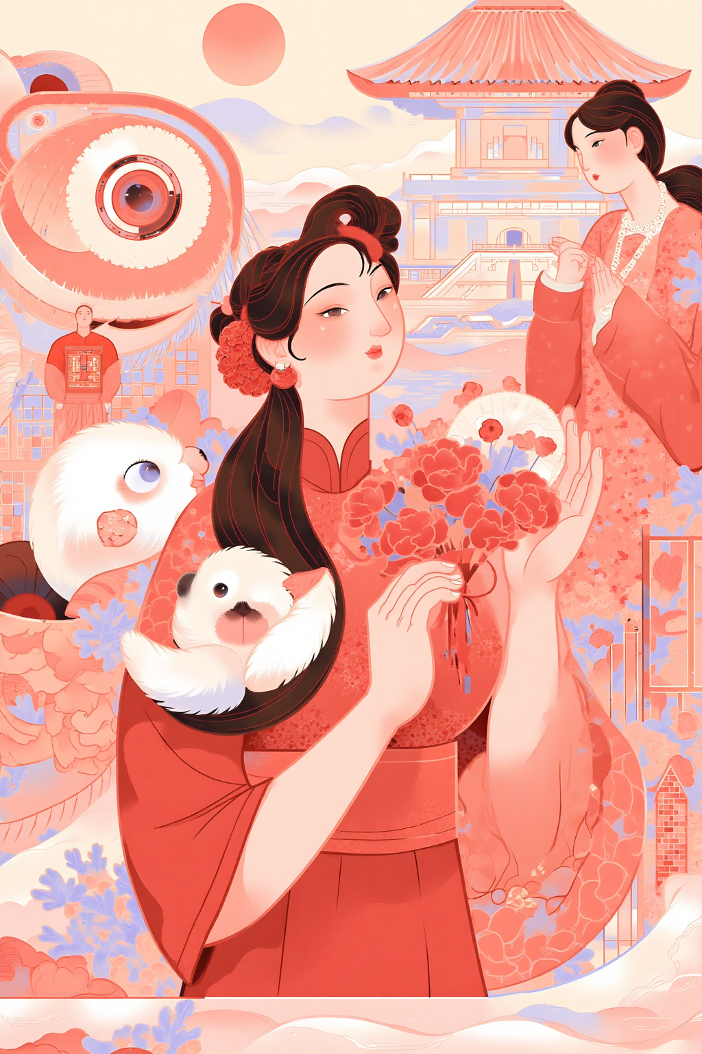 红色国风幻想插画：少女、花束与萌宠的梦幻场景
