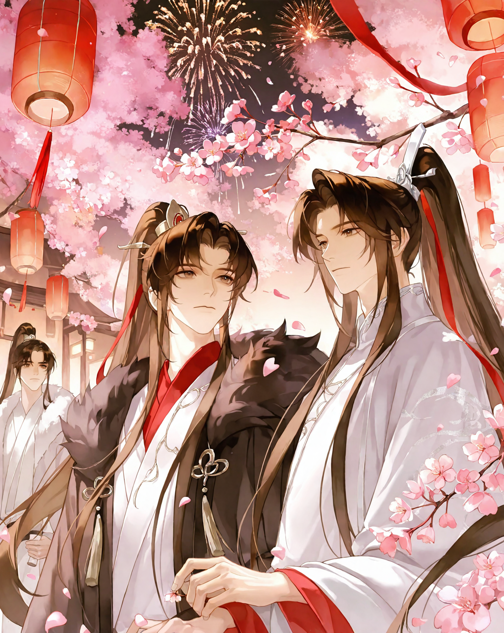 樱花夜宴中的古风双人立绘