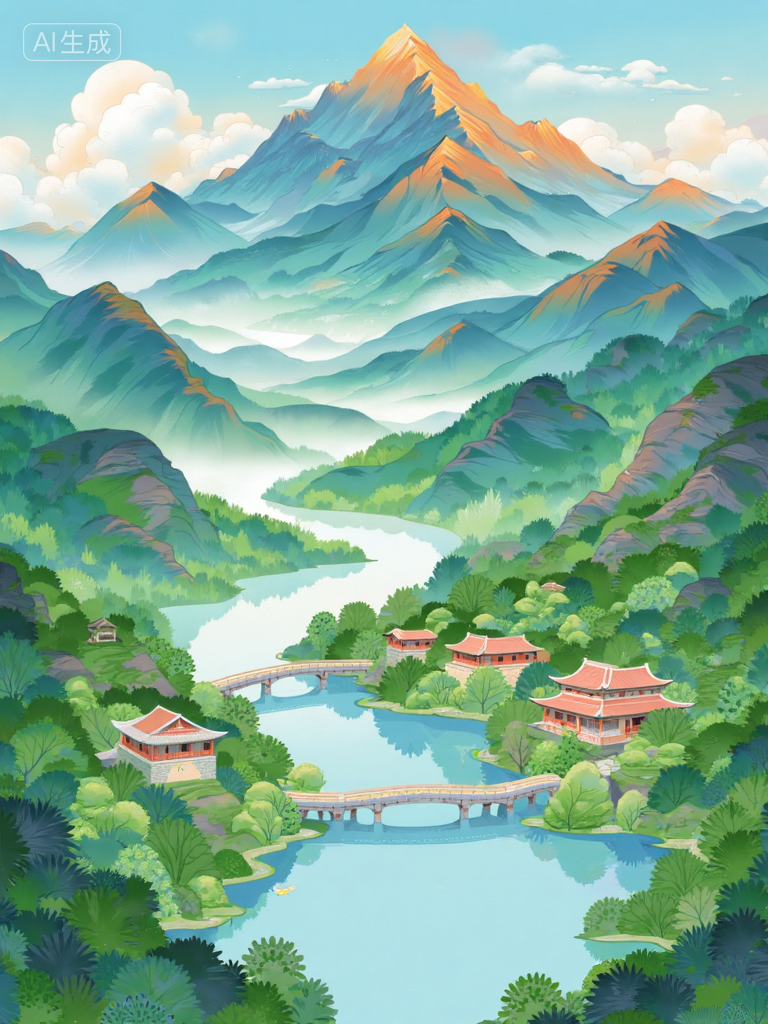 梦幻山谷湖景插画