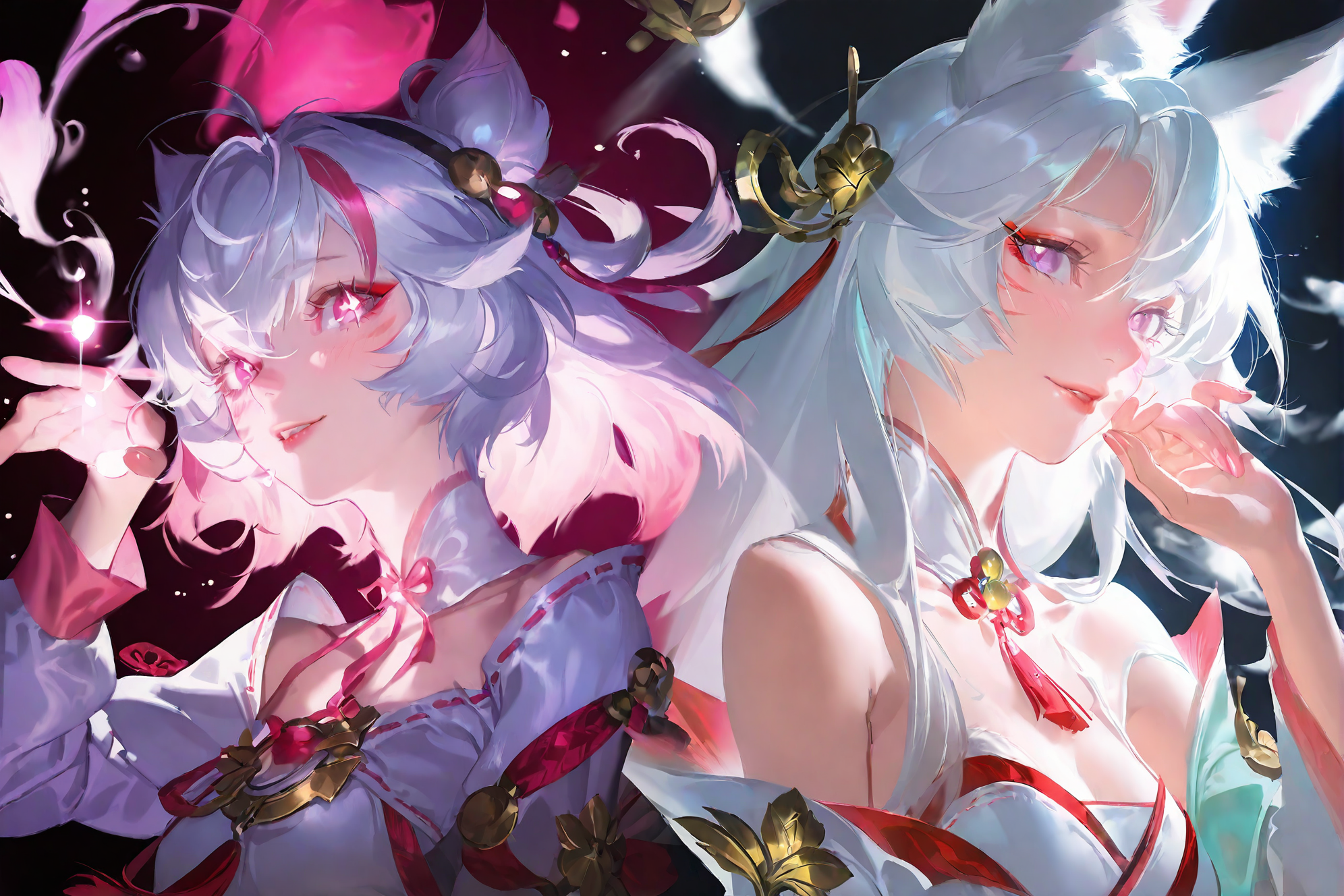 狐耳双生少女的华丽幻想插画