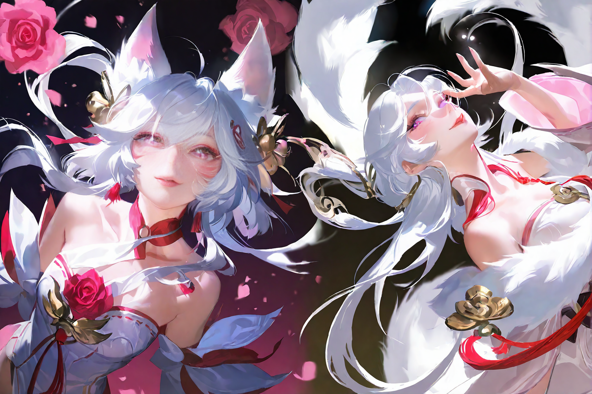 狐耳双生少女的华丽幻想插画
