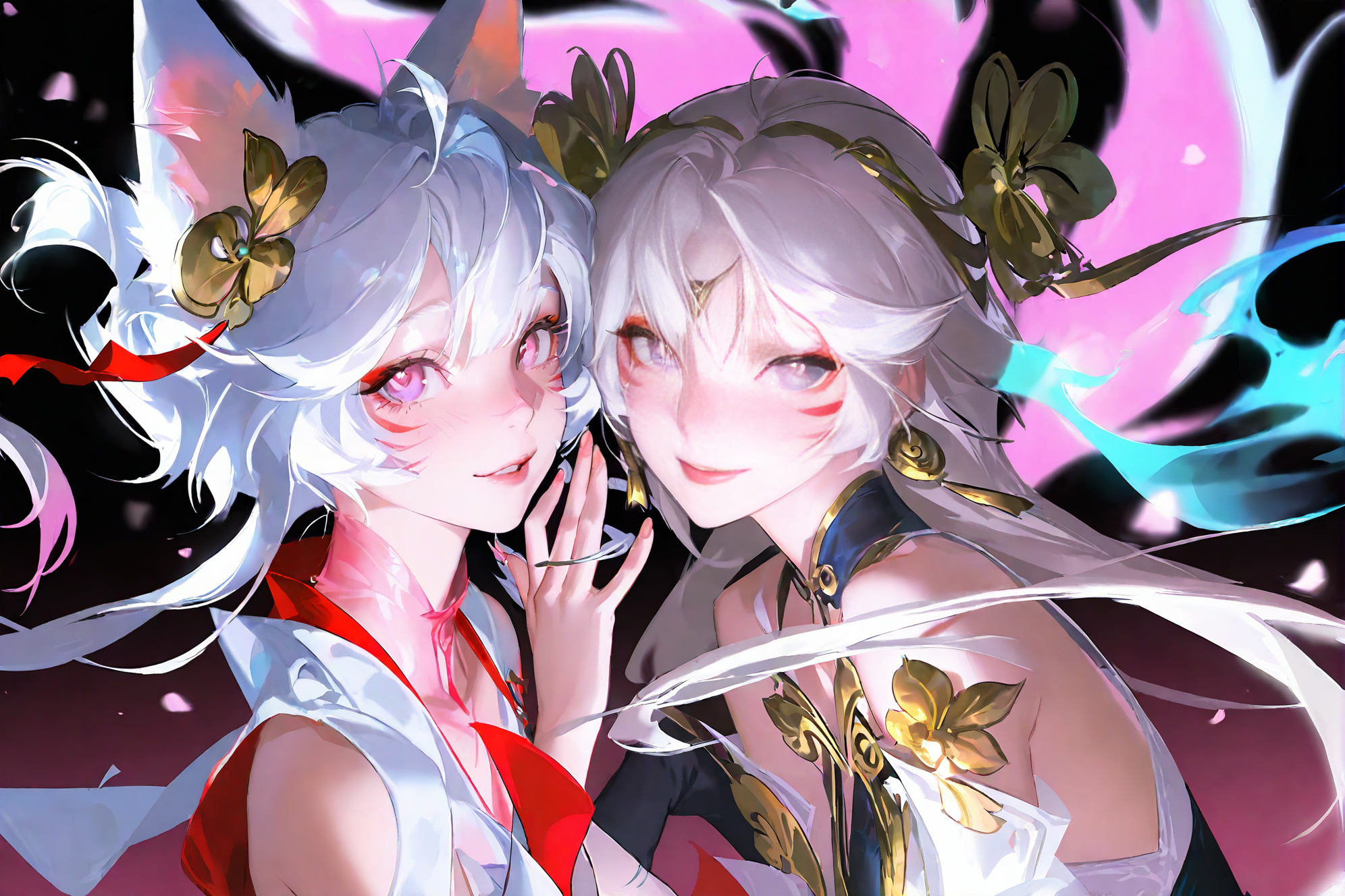 狐耳双生少女的华丽幻想插画