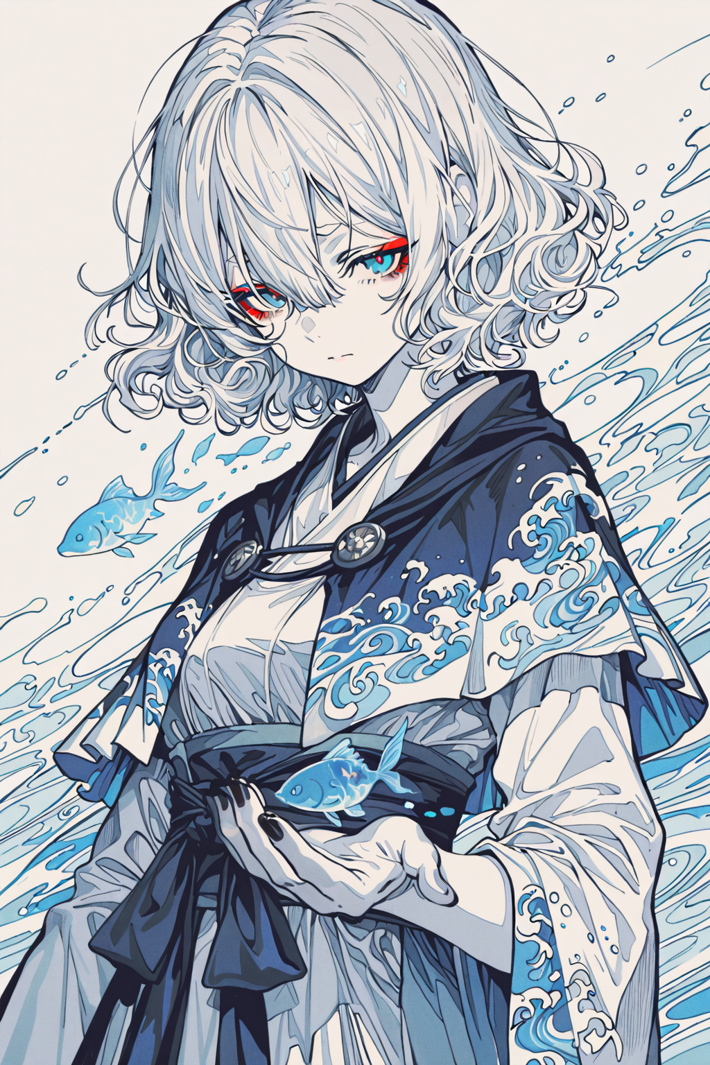 被海浪环绕的白发少女