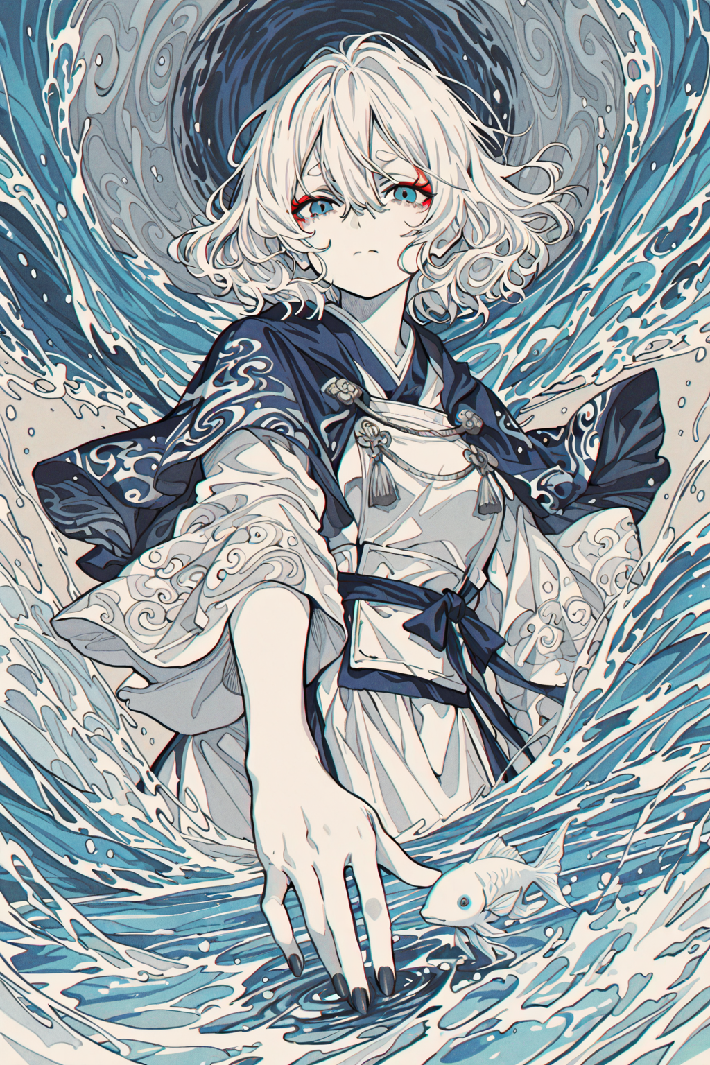 被海浪环绕的白发少女