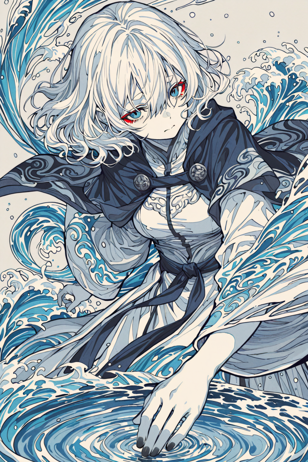 被海浪环绕的白发少女