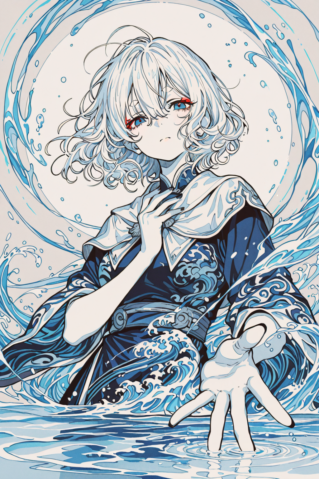 被海浪环绕的白发少女
