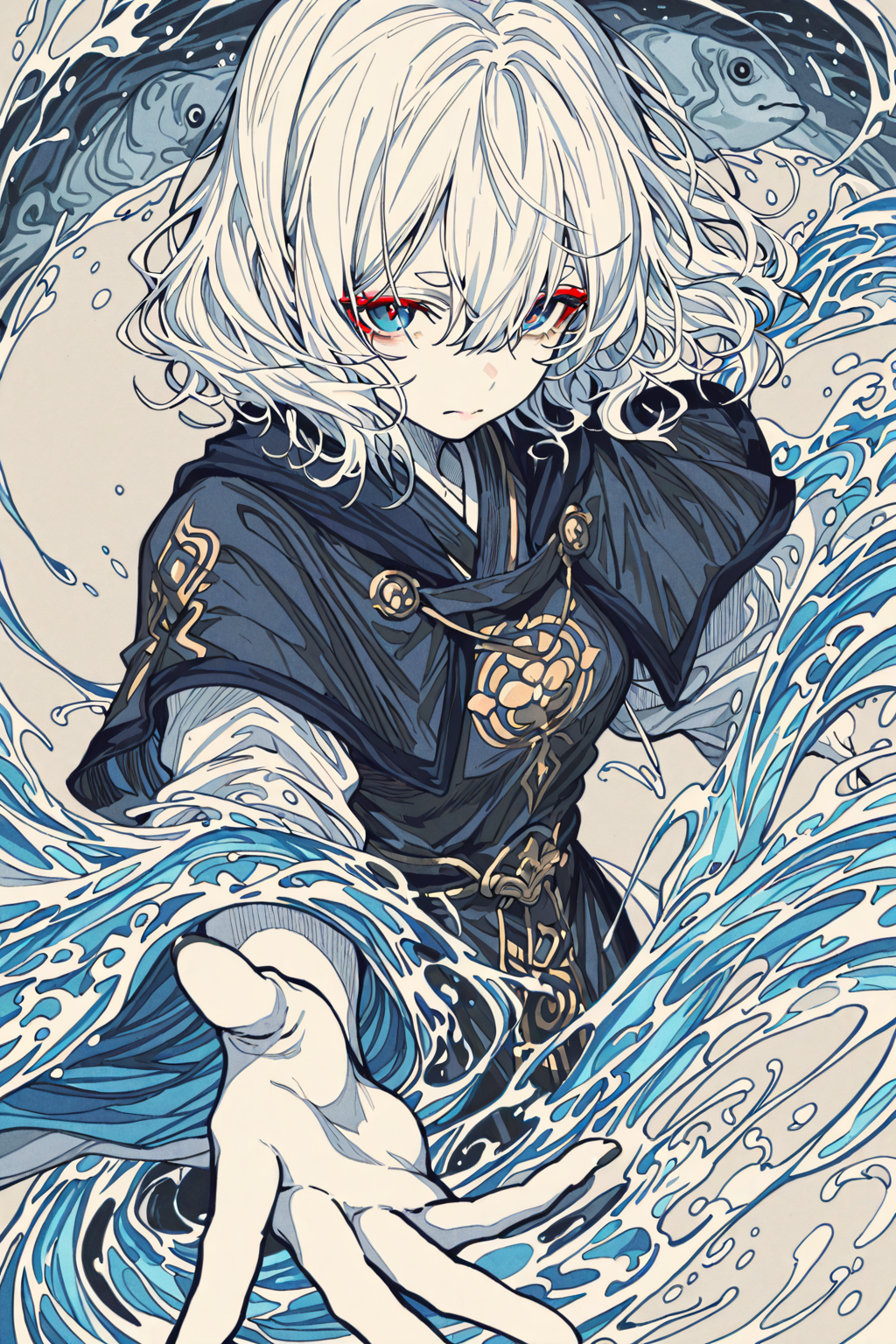 被海浪环绕的白发少女